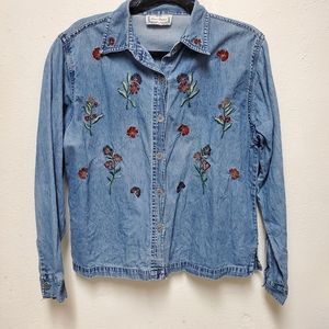 Vintage Sara Studio Denim Blouse Button Front Floral Embroidered Grandmacore Med